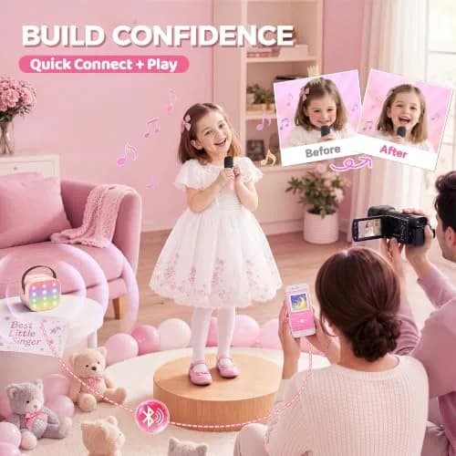 YLL Pink Karaoke Machine for Kids | Portable Bluetooth Speaker with 2 Wireless Microphones & Magic Voices (Mini Size) thumbnail 8