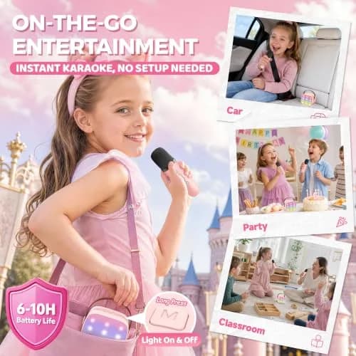 YLL Pink Karaoke Machine for Kids | Portable Bluetooth Speaker with 2 Wireless Microphones & Magic Voices (Mini Size) thumbnail 9