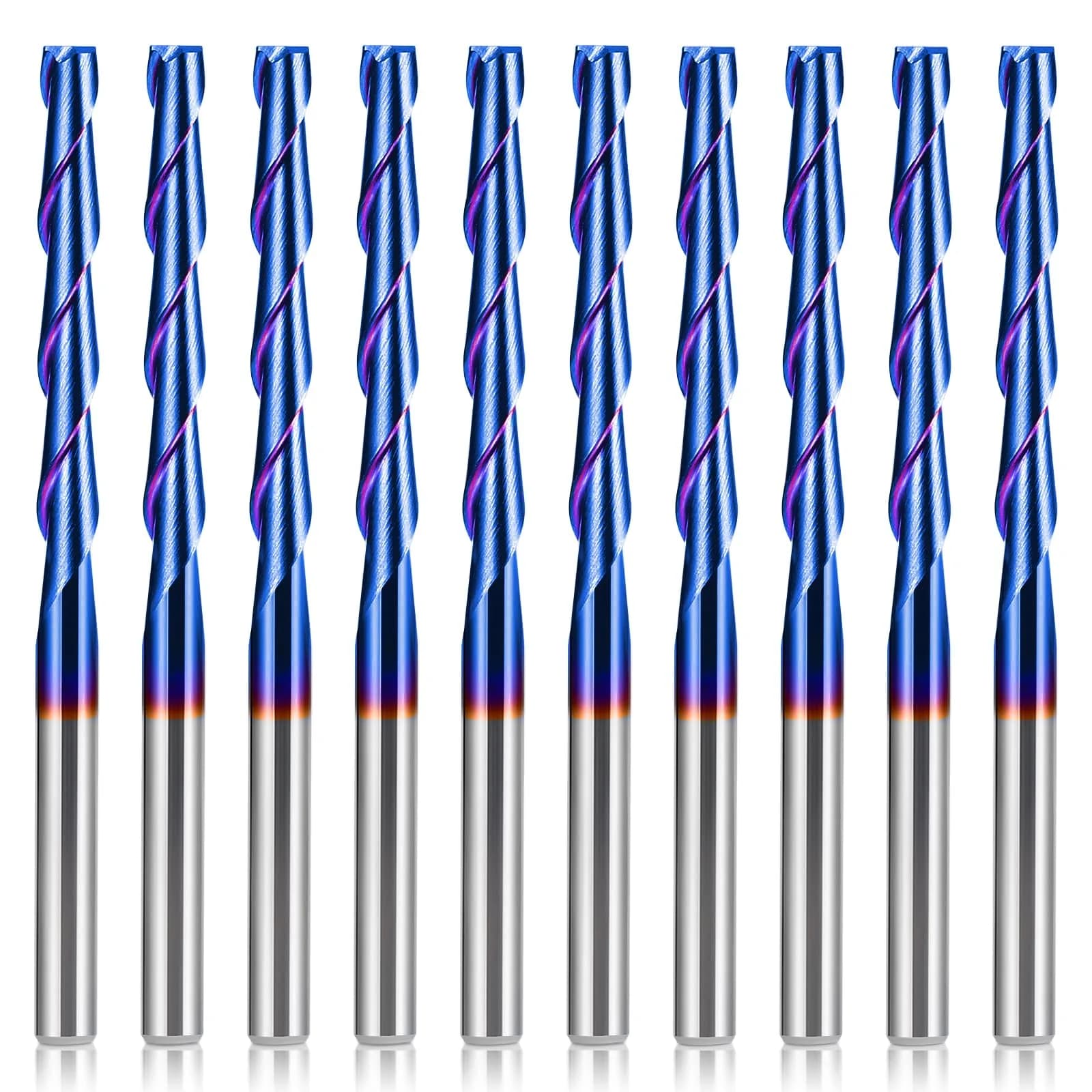 HQMaster 1/8" Shank CNC Router Bits 2 Flute Upcut End Mill 10pcs | 3.175mm Carbide for Wood PVC Acrylic — 1/8"CED x 1/8"SD x 1"CEL x 2"OAL