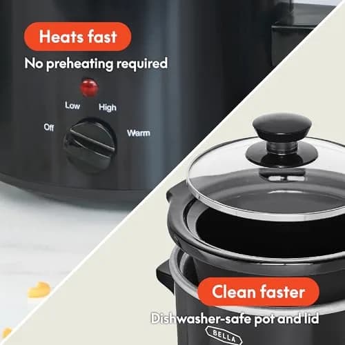 BELLA 1.5QT Slow Cooker | Non-Toxic Ceramic Coating, 3 Heat Settings, Black thumbnail 3