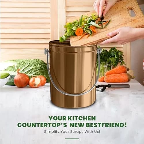 Utopia Kitchen Countertop Compost Bin 1.3 Gallon (4.9L) Stainless Steel Bronze | Odorless Kitchen Waste Container thumbnail 6