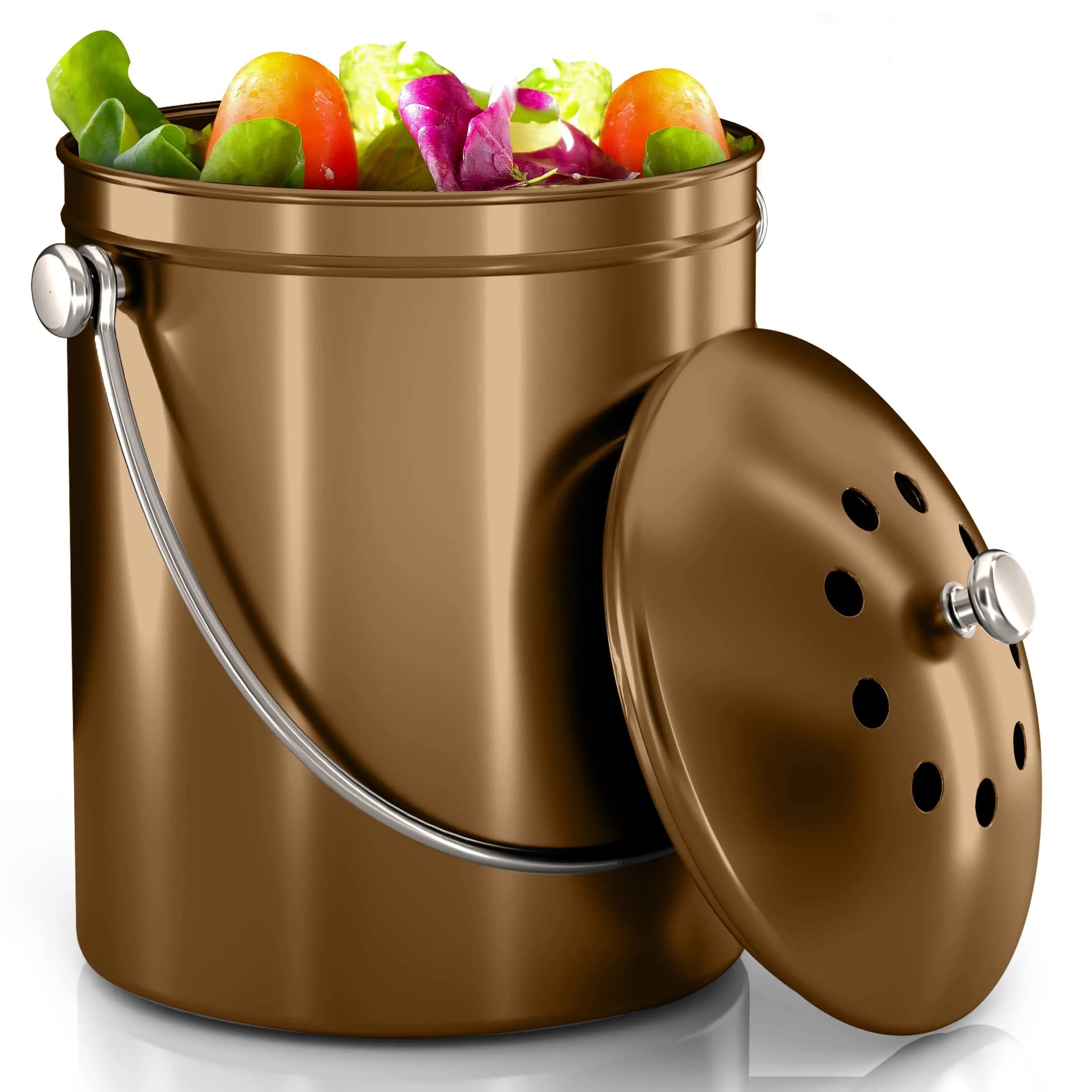 Utopia Kitchen Countertop Compost Bin 1.3 Gallon (4.92L) Stainless Steel Silver | Odorless Kitchen Waste Composter — Bronze