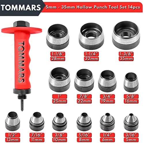 TOMMARS 14-Piece Hollow Punch Set 5-35 mm (3/16 to 1-3/8 Inch) | Heavy Duty Alloy Steel Gasket Cutter Kit thumbnail 2