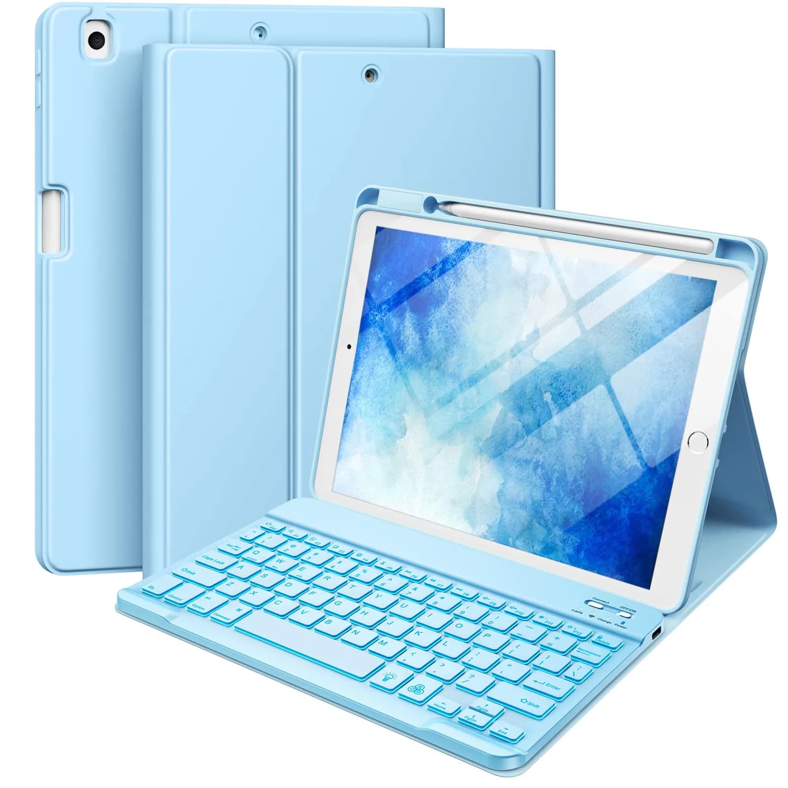Hamile Detachable Keyboard Case for iPad 9/8/7th Gen 10.2" & Air 3/Pro 10.5" | 7 Color Backlit, Wireless Bluetooth, Pencil Holder, Blue