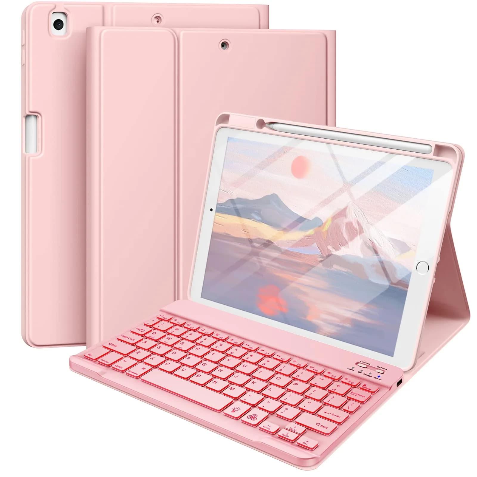 Hamile Pink Backlit Keyboard Case for iPad 9/8/7th Gen 10.2" & Air 3/Pro 10.5" | Detachable Wireless Folio with Pencil Holder