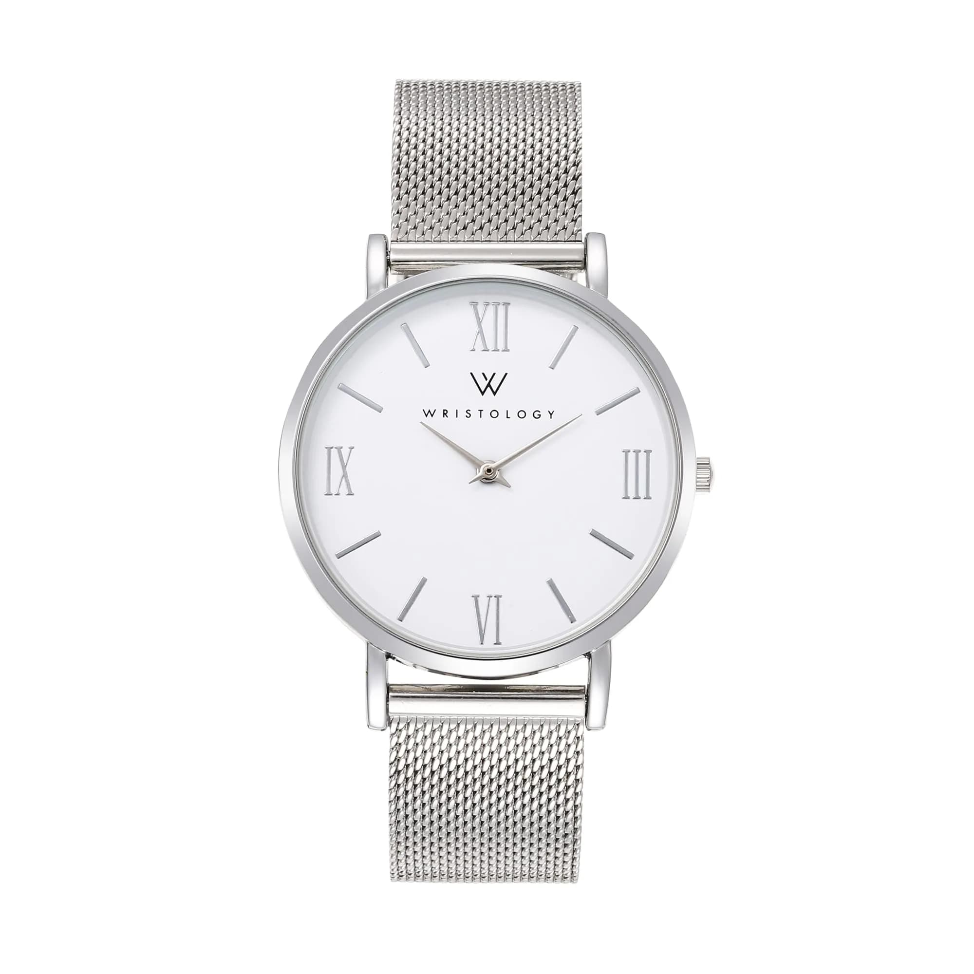 WRISTOLOGY Large face Roman Numerals Womens Watch with Easy Change Band | Clear Analog Face, 38mm, Gold — Silver Metal Mesh