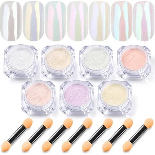 Lingyun 7 Colors White Pearl Chrome Nail Powder Set, Holographic Mermaid Effect Pigment | Nail Art Gift for Women thumbnail 1