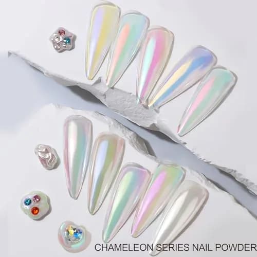 Lingyun 7 Colors White Pearl Chrome Nail Powder Set, Holographic Mermaid Effect Pigment | Nail Art Gift for Women thumbnail 7