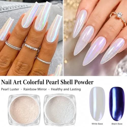 Lingyun 7 Colors White Pearl Chrome Nail Powder Set, Holographic Mermaid Effect Pigment | Nail Art Gift for Women thumbnail 2