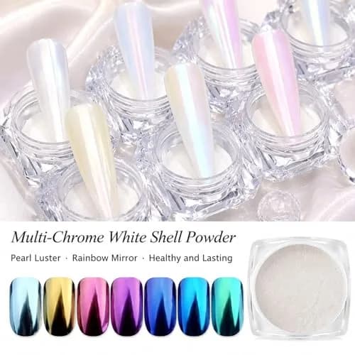 Lingyun 7 Colors White Pearl Chrome Nail Powder Set, Holographic Mermaid Effect Pigment | Nail Art Gift for Women thumbnail 3