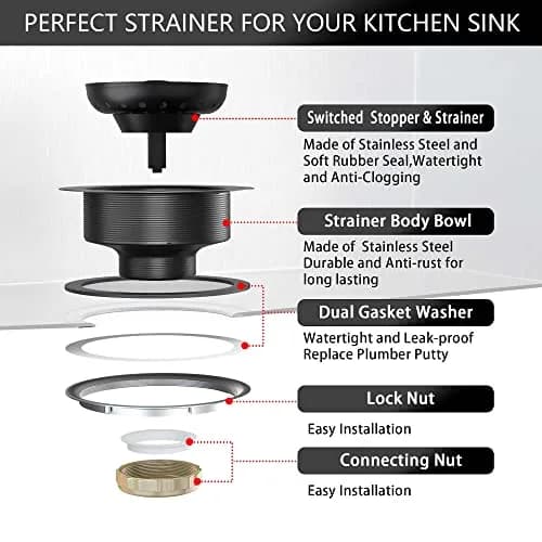 Exakey Black Sink Drain 3-1/2 Inch | Matte Black Stainless Steel Kitchen Sink Strainer Assembly Kit thumbnail 7