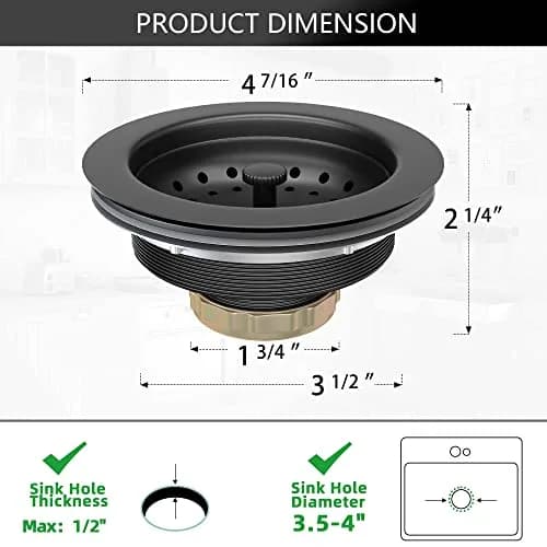 Exakey Black Sink Drain 3-1/2 Inch | Matte Black Stainless Steel Kitchen Sink Strainer Assembly Kit thumbnail 9