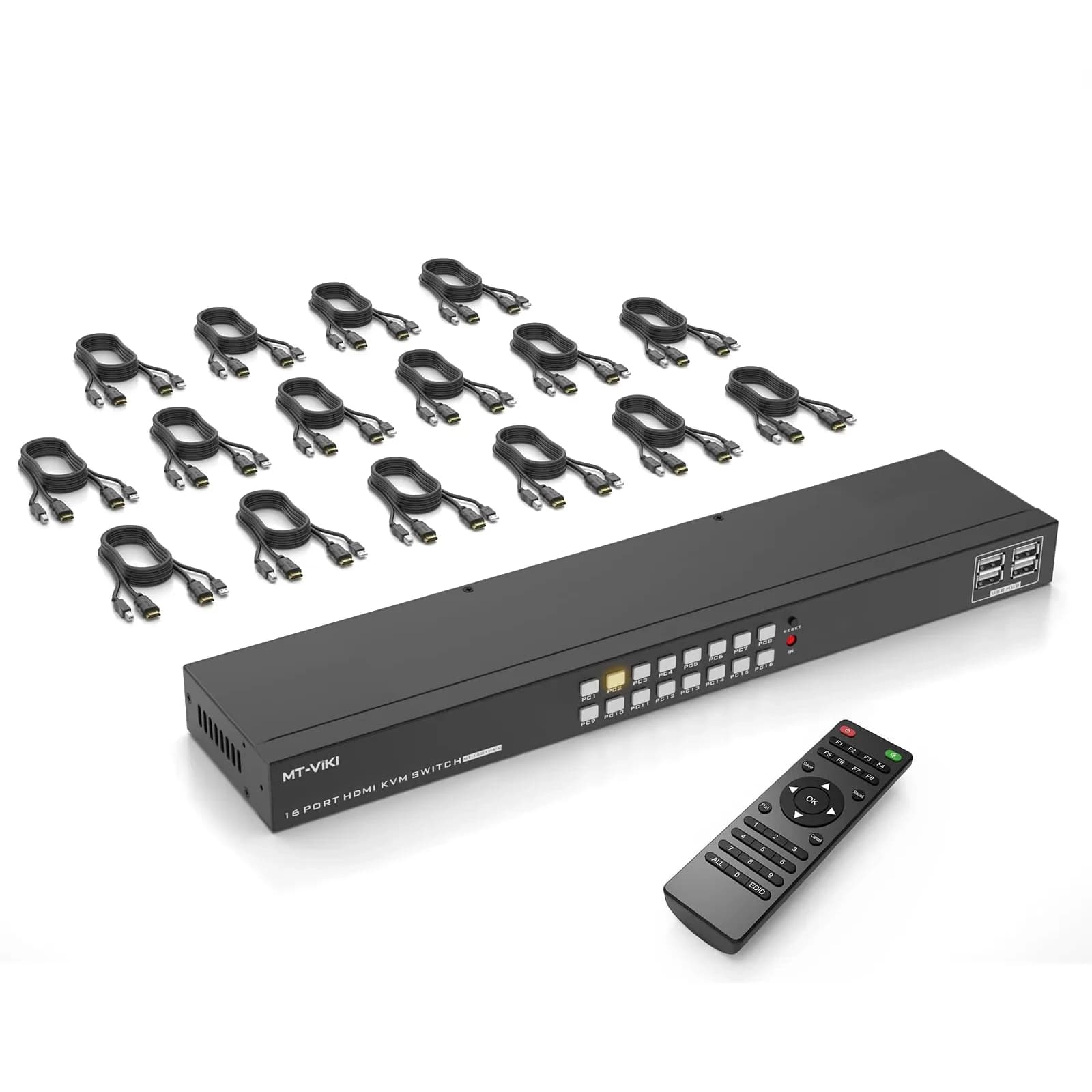 MT-VIKI 16 Port KVM Switch Rackmount 1U 19'' | Control 16 Computers with 1 Keyboard, Mouse, Monitor — 16 port KVM HDMI