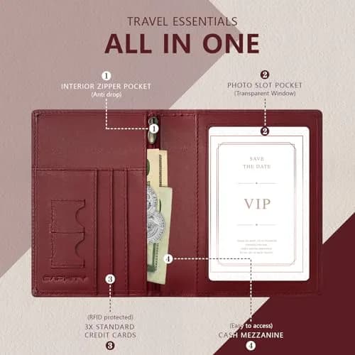 BAPHITY RFID Blocking Passport Holder Slim Travel Wallet for Women, Wine Red | Genuine Leather Multi-Slot Organizer thumbnail 4