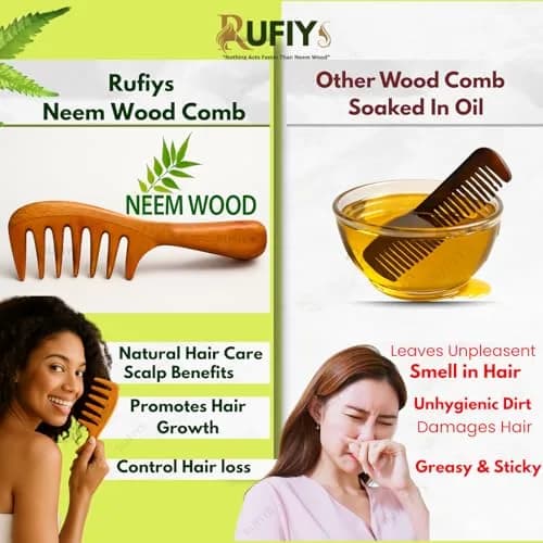 RUFIYS Wooden Curly Hair Wide Tooth Comb | Neem Wood Detangler for Women & Men, Hair Growth, Anti Dandruff (70 words) thumbnail 4