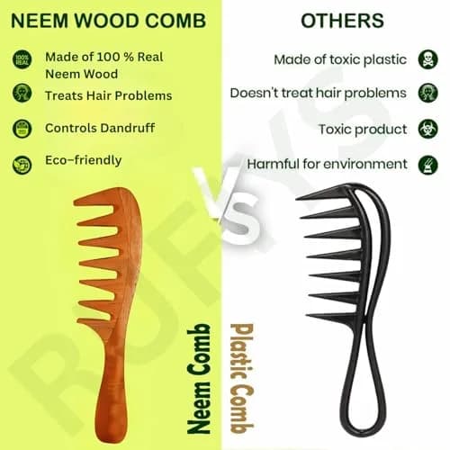 RUFIYS Wooden Curly Hair Wide Tooth Comb | Neem Wood Detangler for Women & Men, Hair Growth, Anti Dandruff (70 words) thumbnail 3