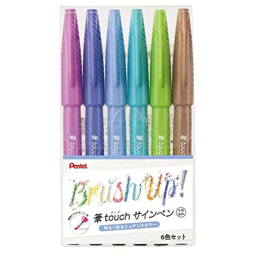 Pentel Brush Touch Sign Pen Set of 6 Colors | Flexible Tip for Art & Notes thumbnail 1
