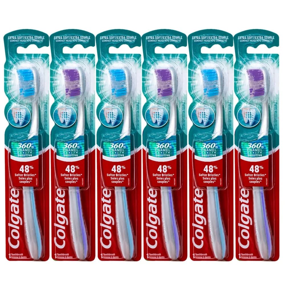 Colgate 360 Enamel Health Sensitive Toothbrush, Compact Head, Extra Soft - Pack of 6 | 48% Softer Bristles for Sensitive Teeth & Gums - main product image
