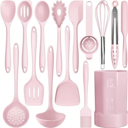 AOTHOD Silicone Cooking Utensils Set - 446°F Heat Resistant Kitchen Gadgets, Pink | Nonstick Friendly, Dishwasher Safe thumbnail 1