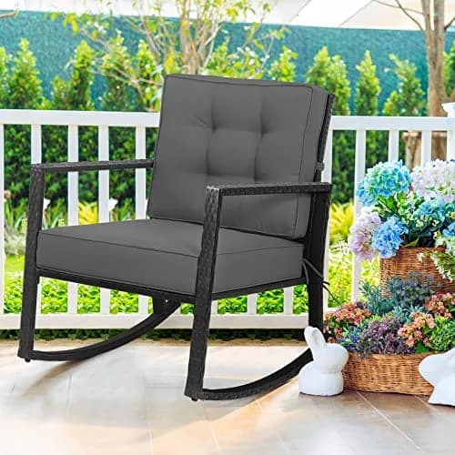 RELAX4LIFE Wicker Outdoor Rocking Chair - All Weather Rattan Patio Chair with Steel Frame & Removable Cushions (26.5x36x33 inches | Grey) thumbnail 1