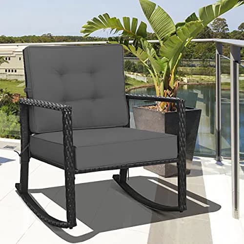 RELAX4LIFE Wicker Outdoor Rocking Chair - All Weather Rattan Patio Chair with Steel Frame & Removable Cushions (26.5x36x33 inches | Grey) thumbnail 4