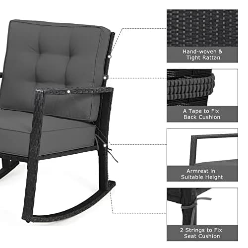 RELAX4LIFE Wicker Outdoor Rocking Chair - All Weather Rattan Patio Chair with Steel Frame & Removable Cushions (26.5x36x33 inches | Grey) thumbnail 8