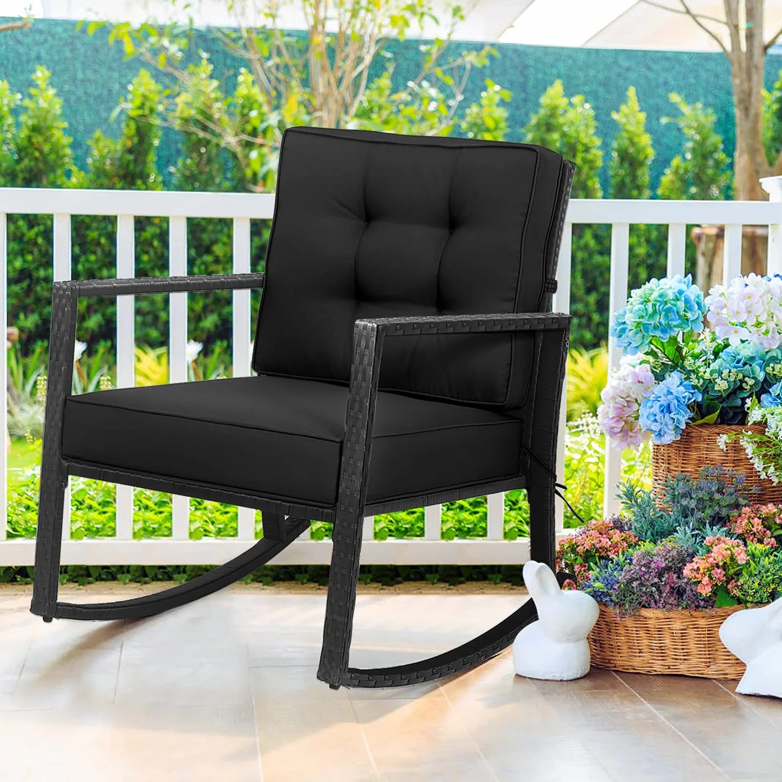 RELAX4LIFE Wicker Outdoor Rocking Chair 26.5in x 36in x 33in | Water-Resistant Rattan & Steel Frame — Black