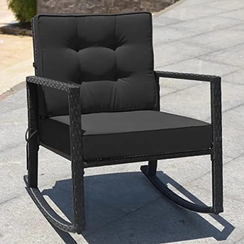 RELAX4LIFE Wicker Outdoor Rocking Chair - All Weather Rattan Rocker Patio Chair w/Steel Frame Removable Cushions & Armrest, Rocker Chair Outdoor Furniture for Backyard Porch Poolside (1, Black) thumbnail 2