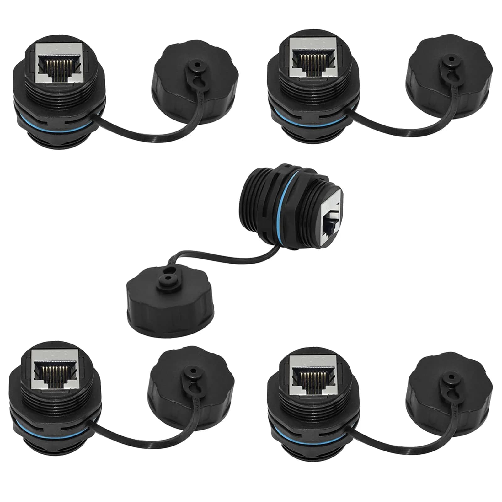 PENGLIN IP68 Waterproof Shielded RJ45 Panel Mount Bulkhead Connector (5-Pack, Black) | Cat6 Ethernet Connectivity for Industrial Environments - main product image