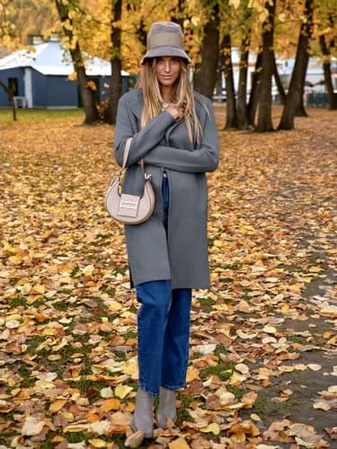 ANRABESS Women's Long Cardigan Sweater Dark Grey Small | V-Neck Knit Warm Trench Coatigan thumbnail 8