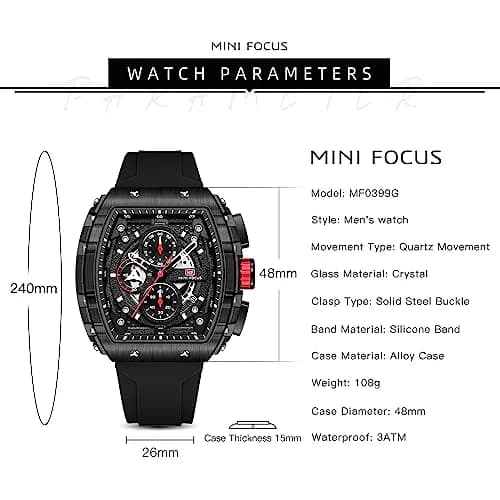MF MINI FOCUS Men's Fashion Tonneau Chronograph Watch 45mm (1.77 inches) | Water Resistant Luminous Quartz Watch thumbnail 6