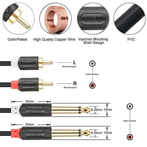 J&D Dual 1/4 inch TS to Dual RCA Stereo Audio Interconnect Cable, Gold Plated 1.83 m (6 Feet) | Connects Audio Devices thumbnail 2