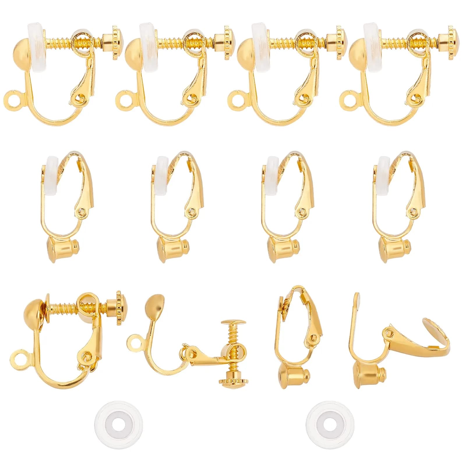 SUNNYCLUE 28pcs 7 Style Clip-on Earring Findings Set | Non-Pierced Earring Converter Components — 1 Box 12pcs 2 Stye Golden Color