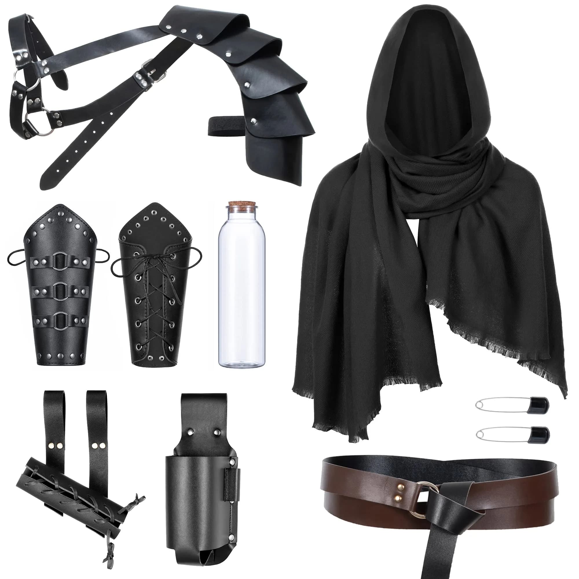 ALAMIYA Medieval Knight Leather Belt Shawl Men Renaissance Half Shoulder Cape Scarf Buckle Bracers Retro Magic Cork Potion Bottle Sword Frog Accessories - main product image