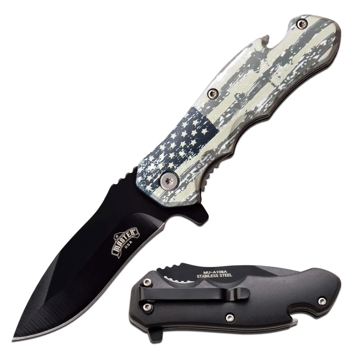MASTER USA Spring Assisted Folding Knife 7.75in | Black Stainless Steel Blade, U.S. Flag Handle, Bottle Opener - main product image