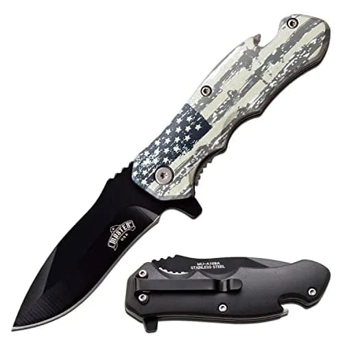 MASTER USA Spring Assisted Folding Knife 7.75in | Black Stainless Steel Blade, U.S. Flag Handle, Bottle Opener thumbnail 1