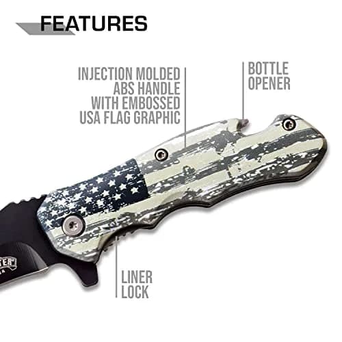 MASTER USA Spring Assisted Folding Knife 7.75in | Black Stainless Steel Blade, U.S. Flag Handle, Bottle Opener thumbnail 4