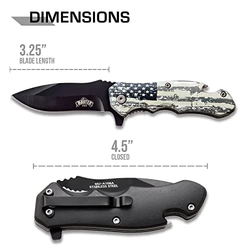MASTER USA Spring Assisted Folding Knife 7.75in | Black Stainless Steel Blade, U.S. Flag Handle, Bottle Opener thumbnail 2