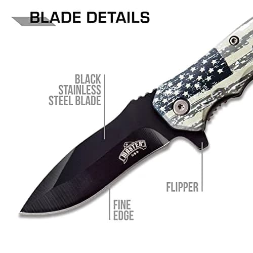 MASTER USA Spring Assisted Folding Knife 7.75in | Black Stainless Steel Blade, U.S. Flag Handle, Bottle Opener thumbnail 3