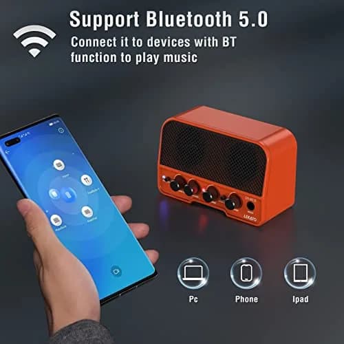 LEKATO Mini Guitar Amp 5W Orange | Rechargeable, Portable, Wireless Bluetooth Practice Amp thumbnail 4