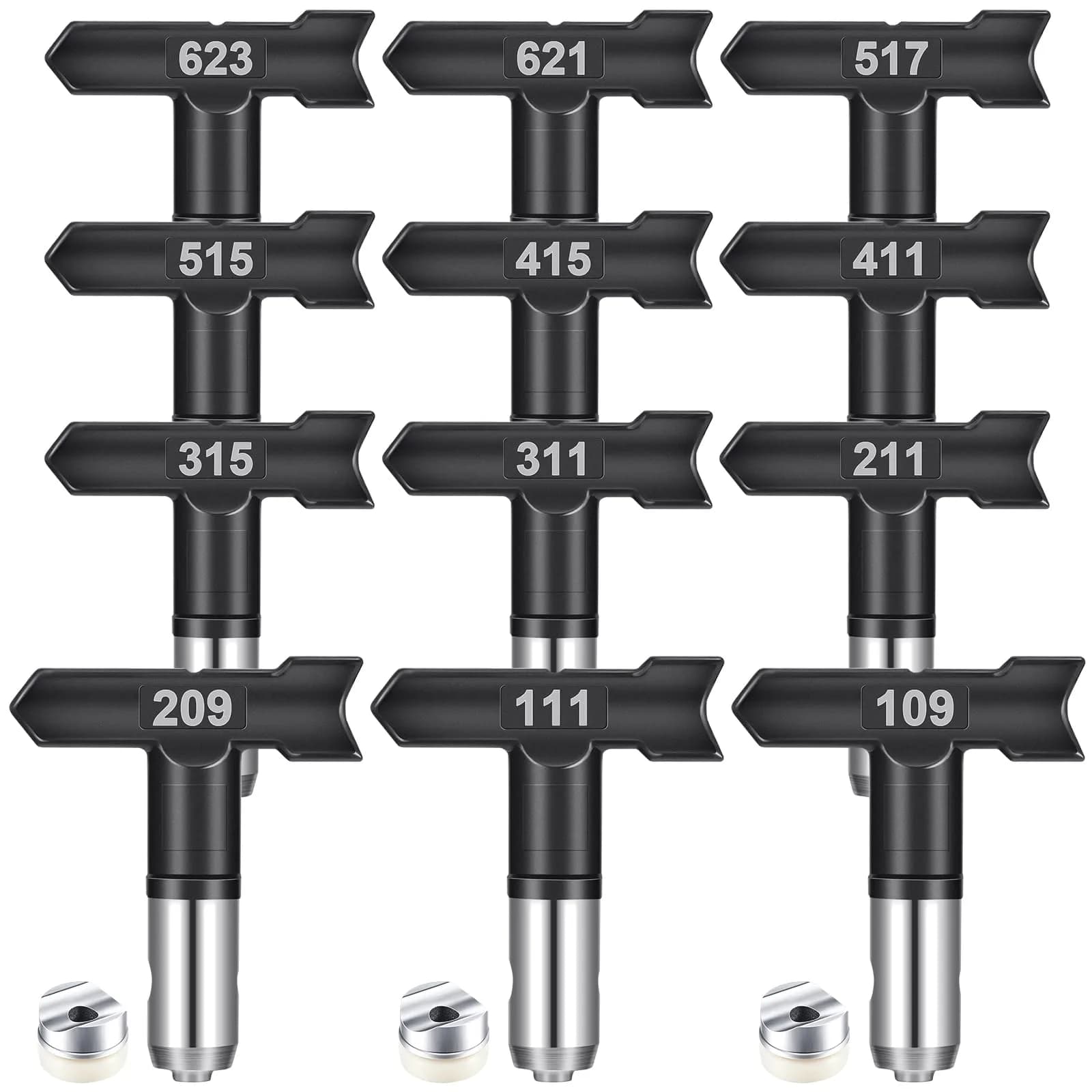 Zhengmy 12 Pcs Airless Paint Sprayer Tips Set 0.0109-0.0317 Inch Outlet | Reversible Spray Nozzles for Home & Industrial Painting — 109-517, 621-623