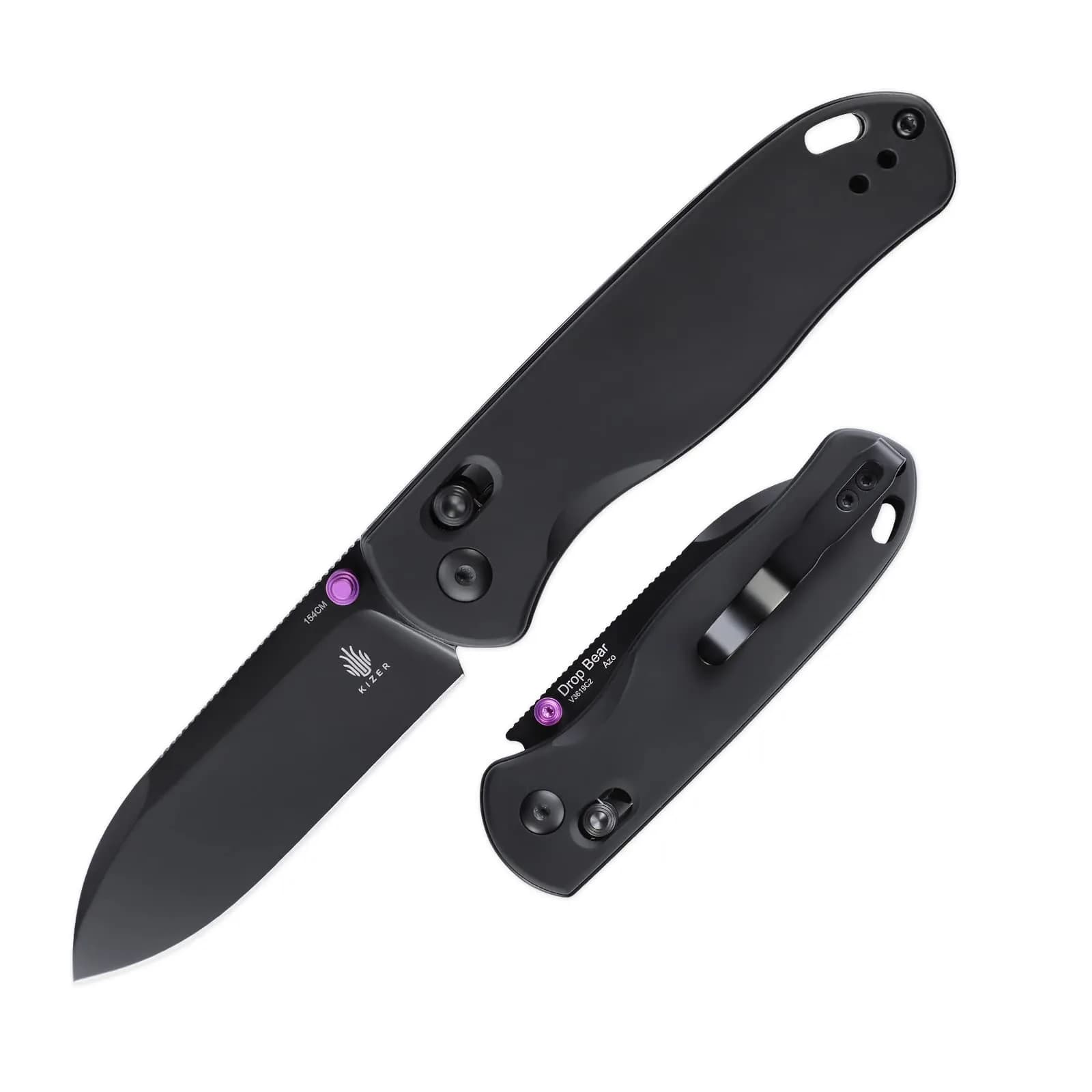 Kizer Drop Bear Folding Knife - Black Aluminum Handle, 154CM Steel Blade | Compact EDC for Outdoor Use - main product image
