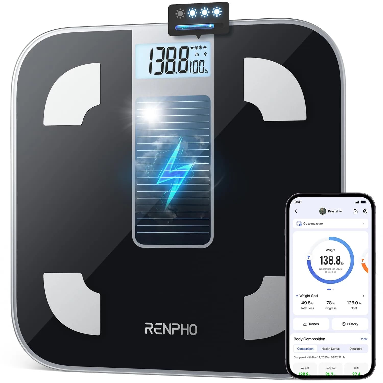 RENPHO Elis Solar 1 Smart Scale 180kg (400lb) | Accurate Body Composition Tracking