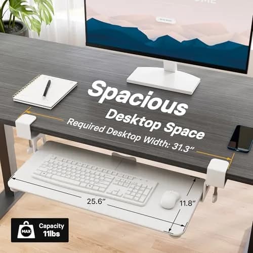 BONTEC Under Desk Keyboard Tray 25.6" x 11.8" | Space-Saving, Clamp Mount, White thumbnail 5