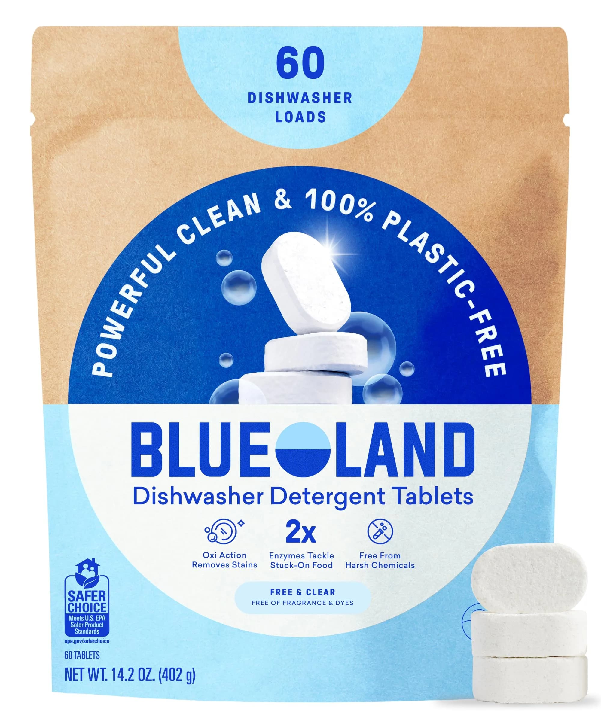 BLUELAND 100% Plastic-Free Dishwasher Detergent Tablets, 60 Count | EPA Safer Choice Certified - main product image
