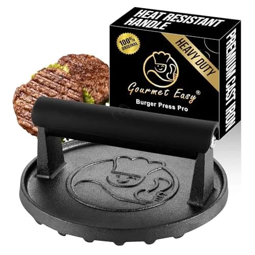Gourmet Easy Cast Iron Smash Burger Press with Heat Resistant Handle 900g (2 lb) | Perfect Smash Burgers & Steaks thumbnail 1