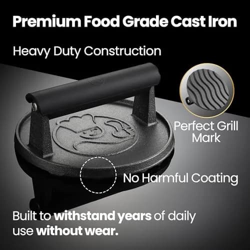 Gourmet Easy Cast Iron Smash Burger Press with Heat Resistant Handle 900g (2 lb) | Perfect Smash Burgers & Steaks thumbnail 4