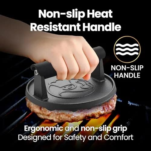 Gourmet Easy Cast Iron Smash Burger Press with Heat Resistant Handle 900g (2 lb) | Perfect Smash Burgers & Steaks thumbnail 2