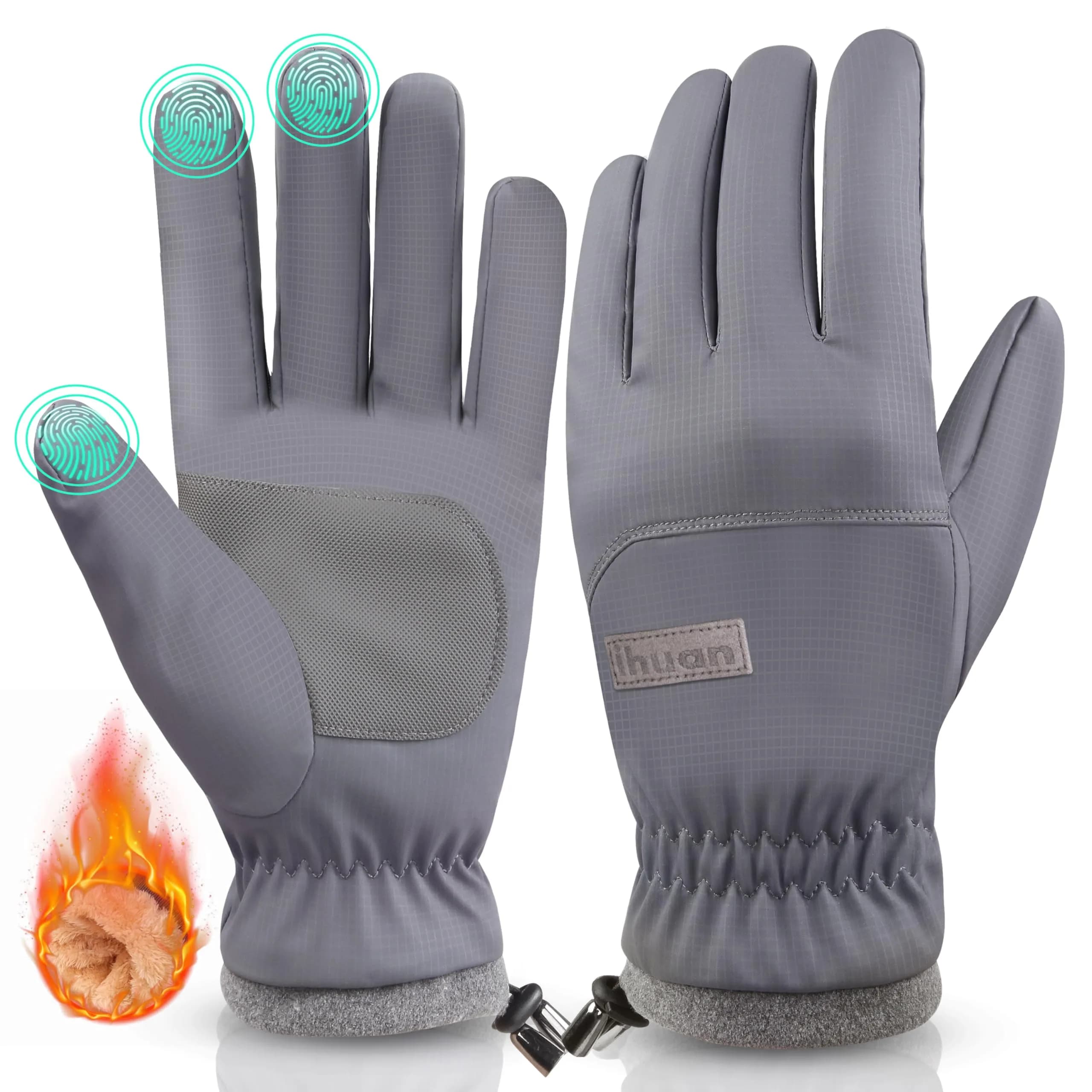 ihuan Winter Waterproof Ski Gloves for Men & Women, Warm Snow Cycling Cold Weather, Driving Biking Running (Medium, Black) — Grey / Medium