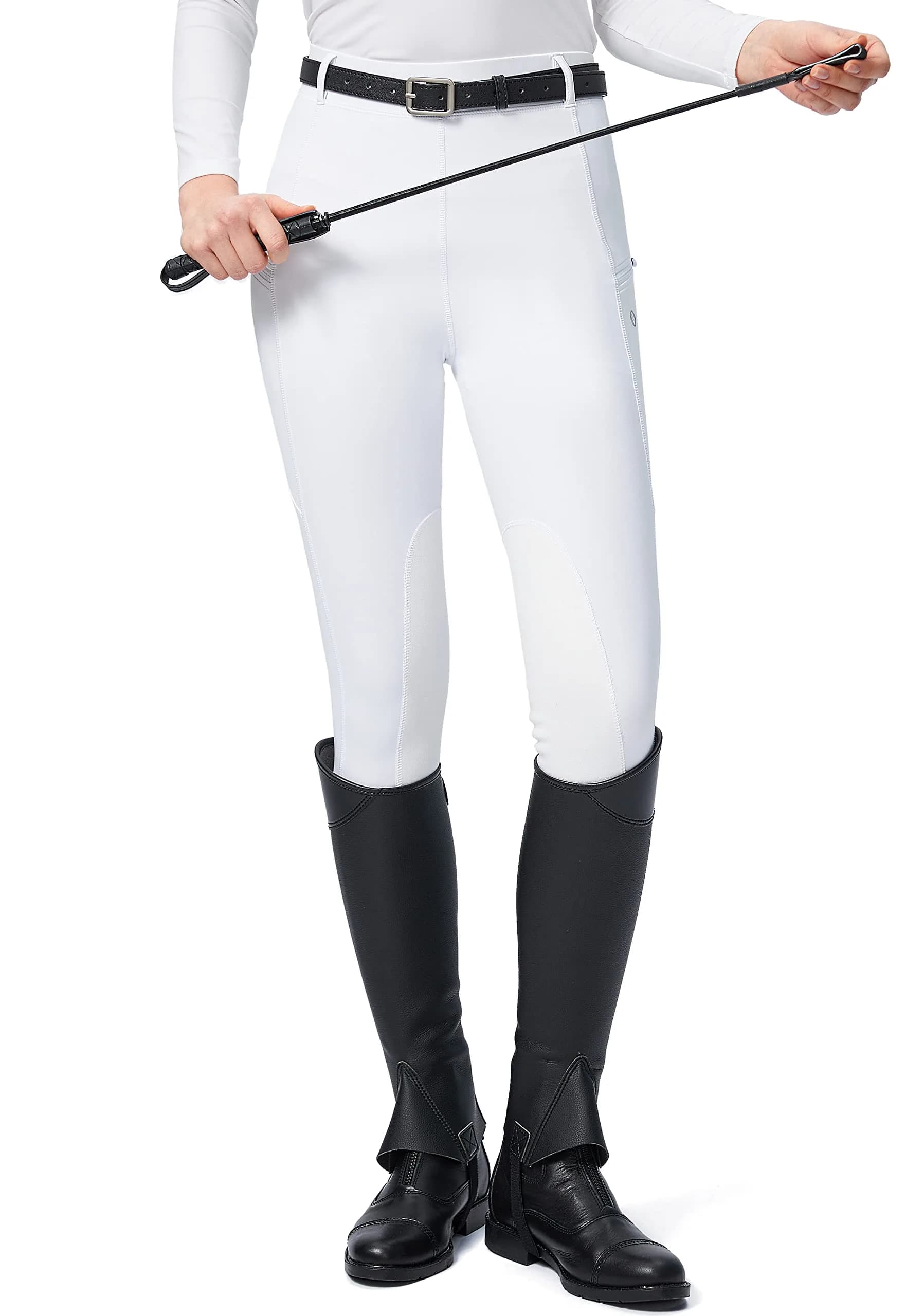 SANTINY Women's Horse Riding Pants with Zipper Pockets Knee-Patch Schooling Tights for Women (White_M) | Breathable & Fitted Breeches - main product image